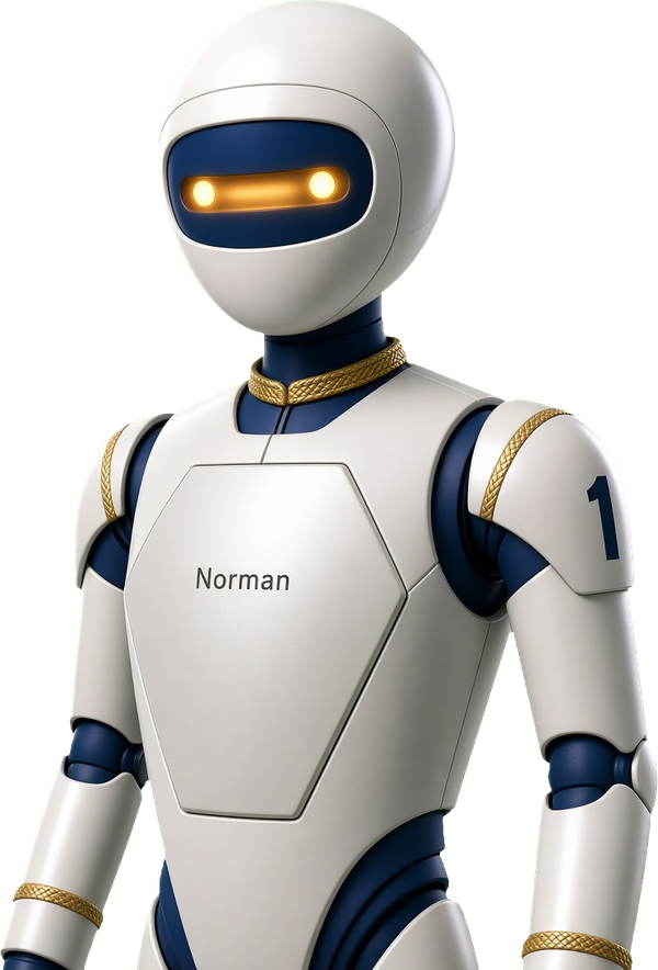 Norman, Orbitnia's robot host, standing